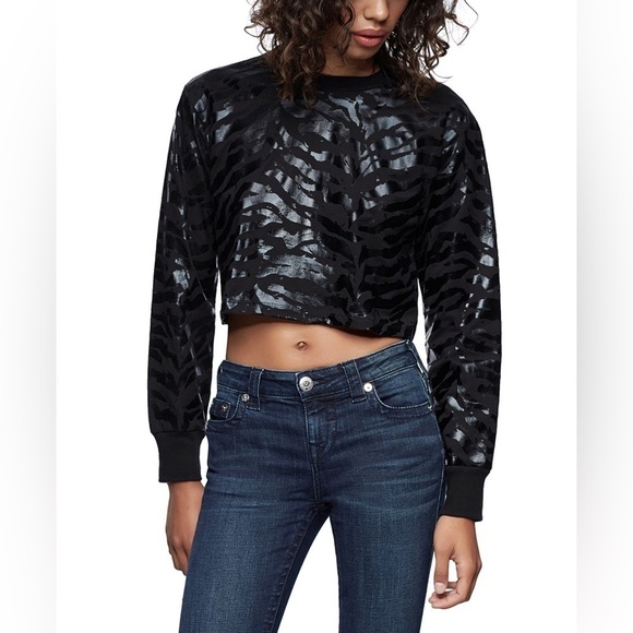 True Religion Women’s Black Zebra Print Long Sleeve Crop Tee Top Sz XXS - Picture 1 of 13